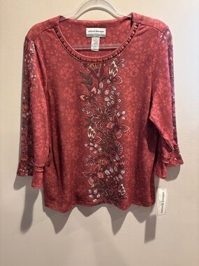 Alfred Dunner Rust Red Floral Scoop Neck Long Sleeve Top